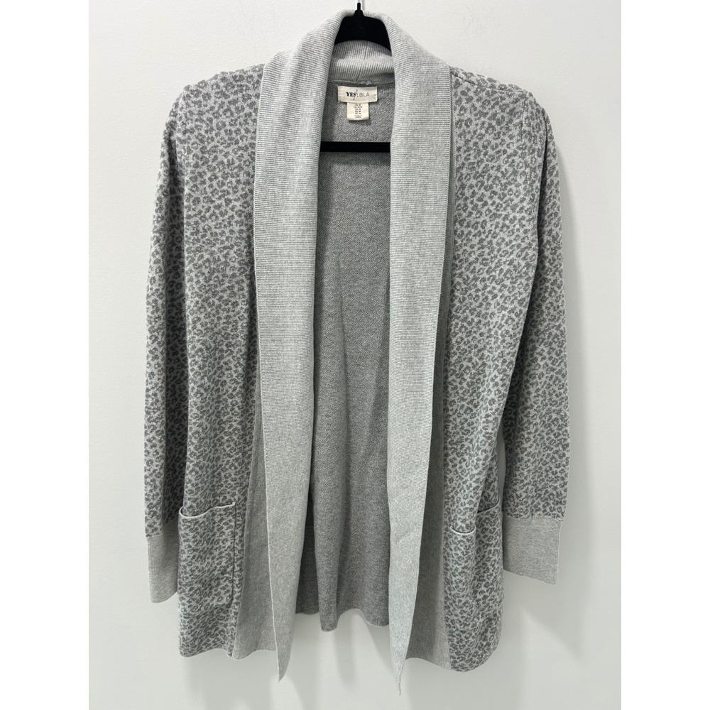 Yes Lola Womens Gray Leopard Print Open Front Cotton Cardigan Sweater Size M
